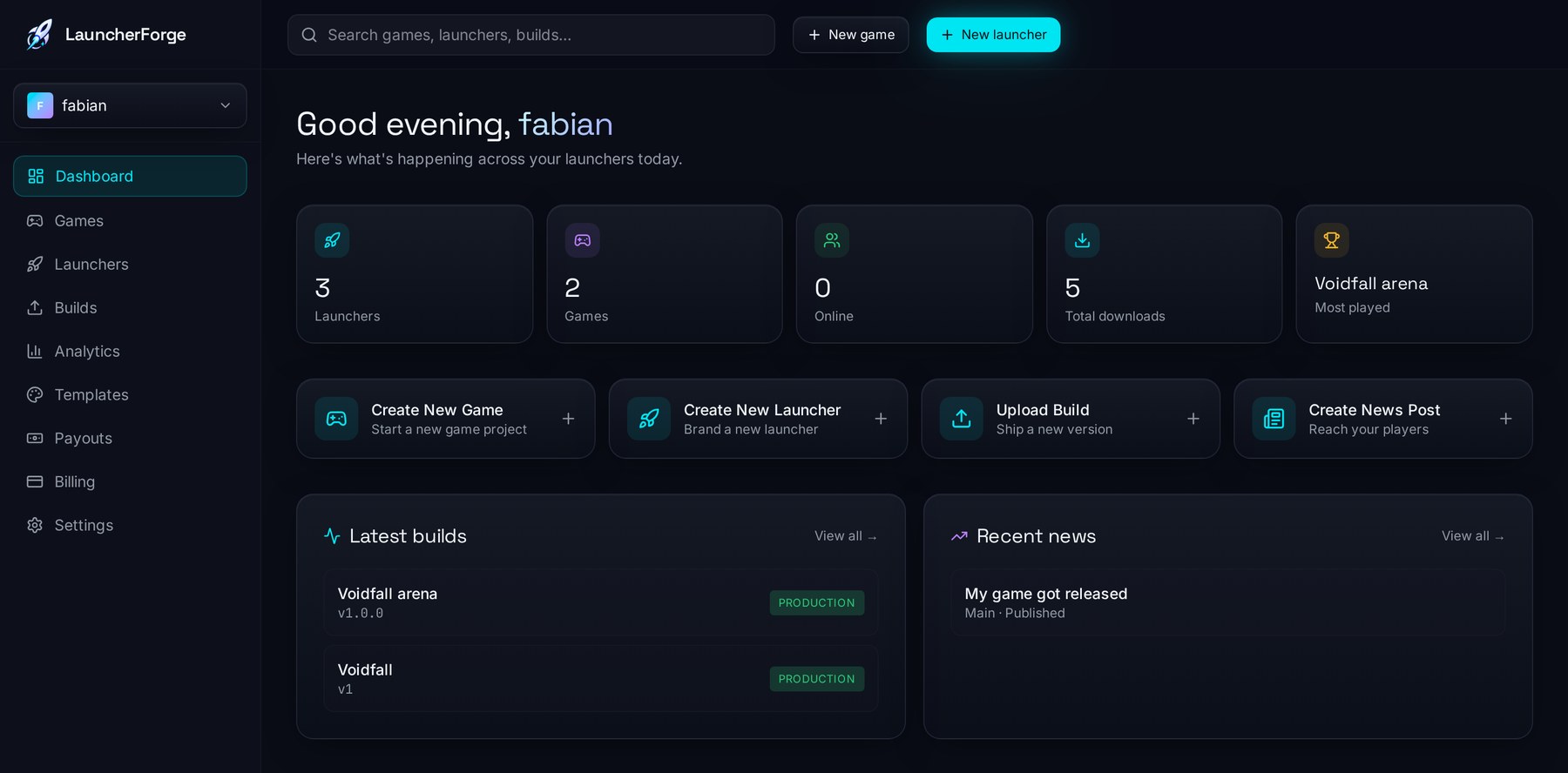 LauncherForge dashboard showing launchers, games, latest builds and news for a studio workspace